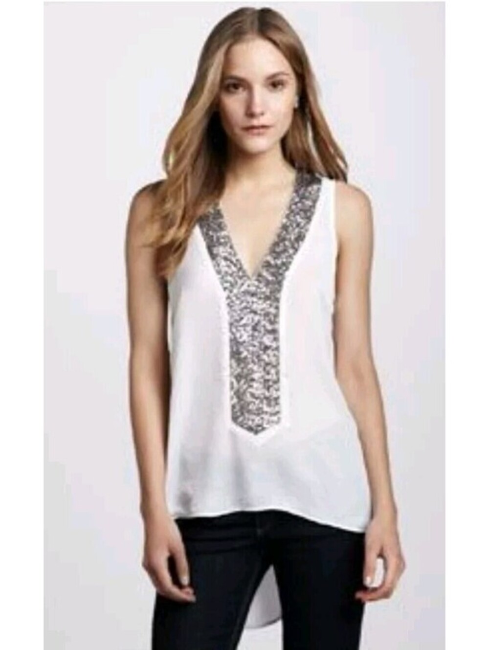 SW3 Bespoke Medium White Silver Sequin Front Tank V Neck Hi Lo Top